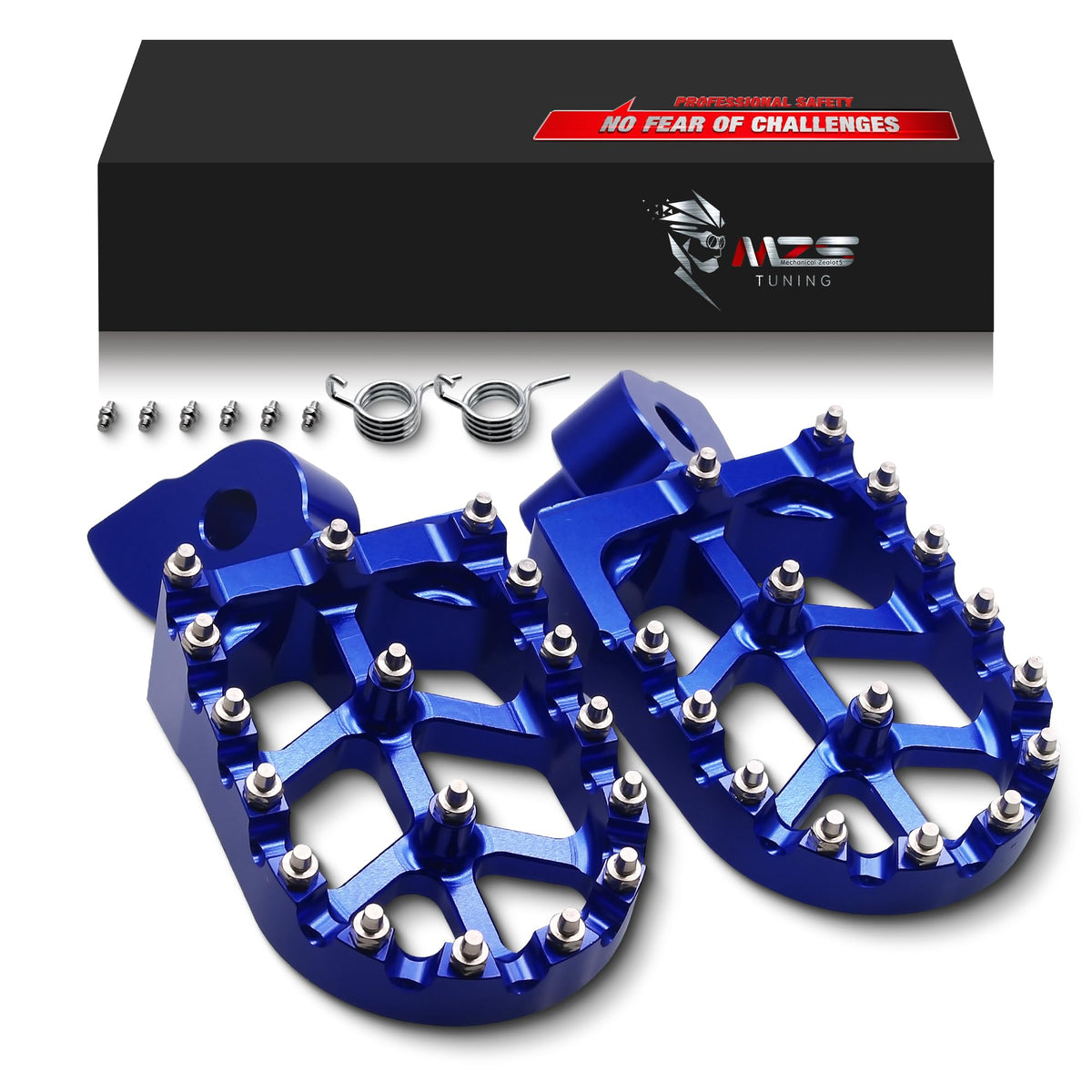 MZS blue dirt bike foot pegs with textured grip for secure footing