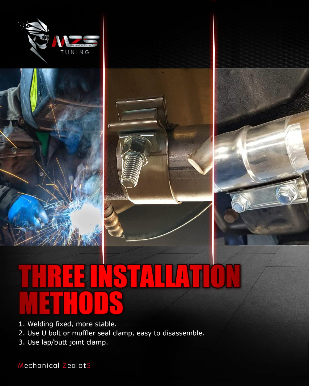 Installation-ready MZS muffler ready for straightforward mounting on compatible vehicles.