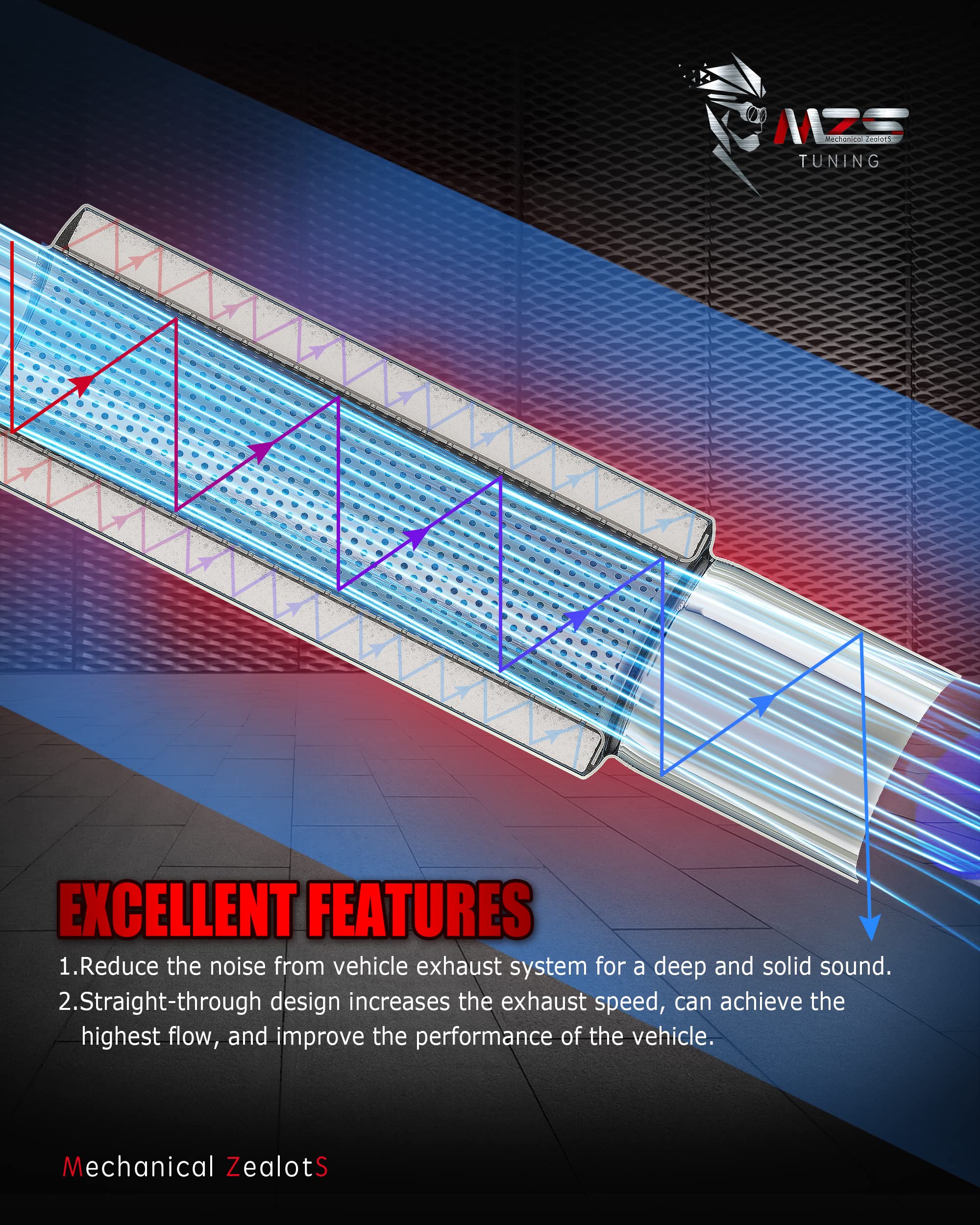 Polished stainless steel body of MZS muffler resists heat and corrosion.