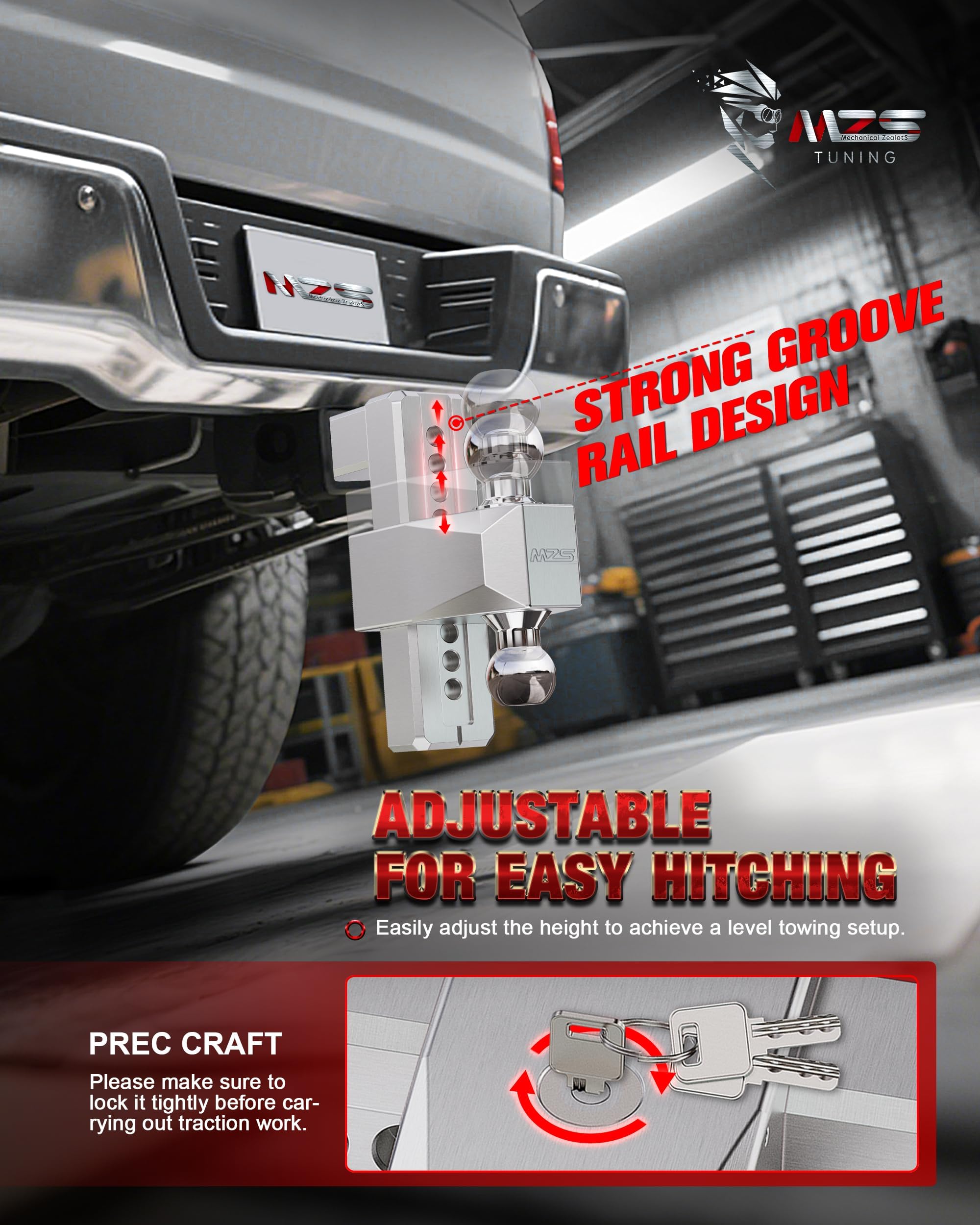 MZS heavy-duty hitch with chrome-plated balls for high-capacity towing tasks.