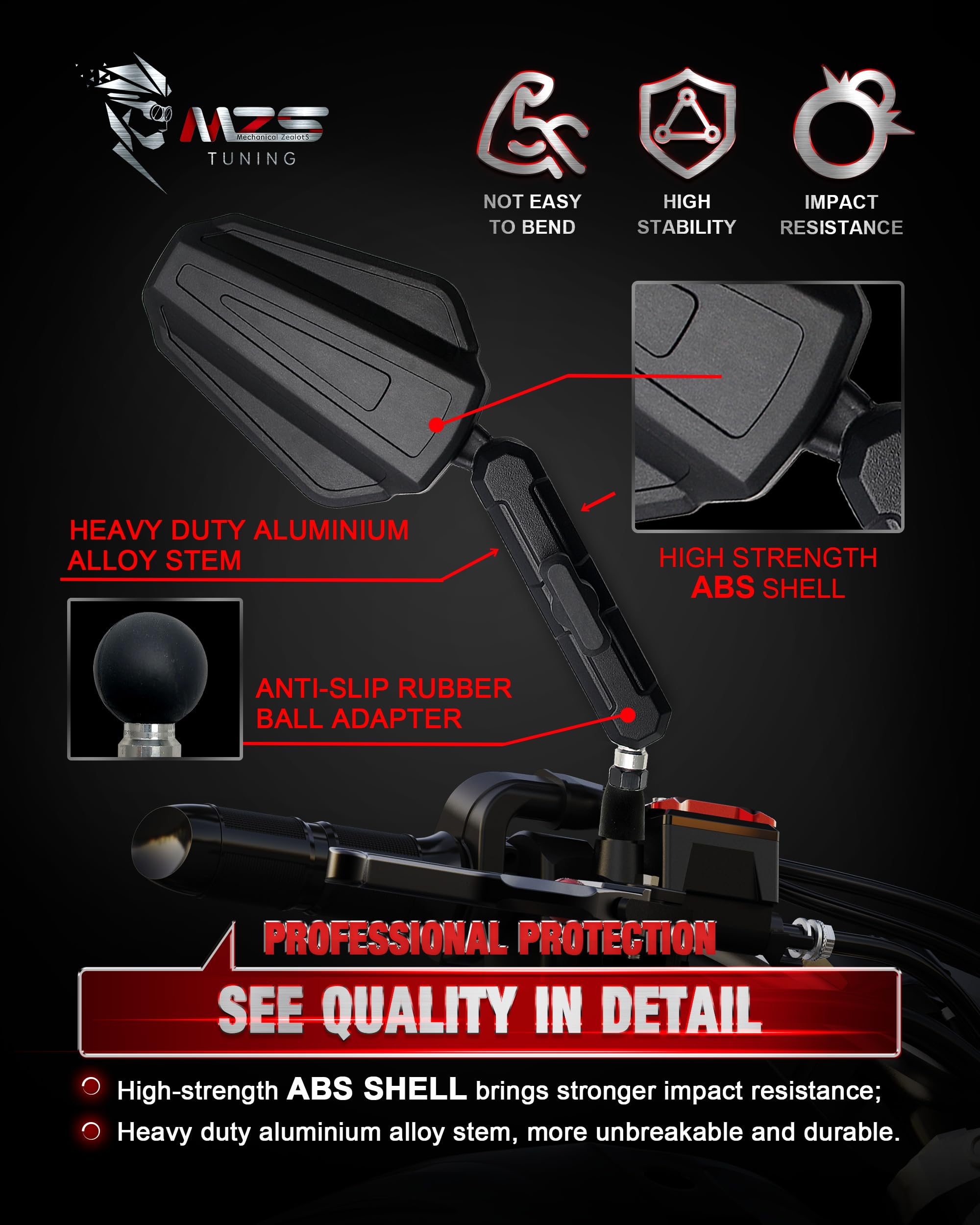 MZS impact-resistant housing shields the mirror against bumps and vibration.