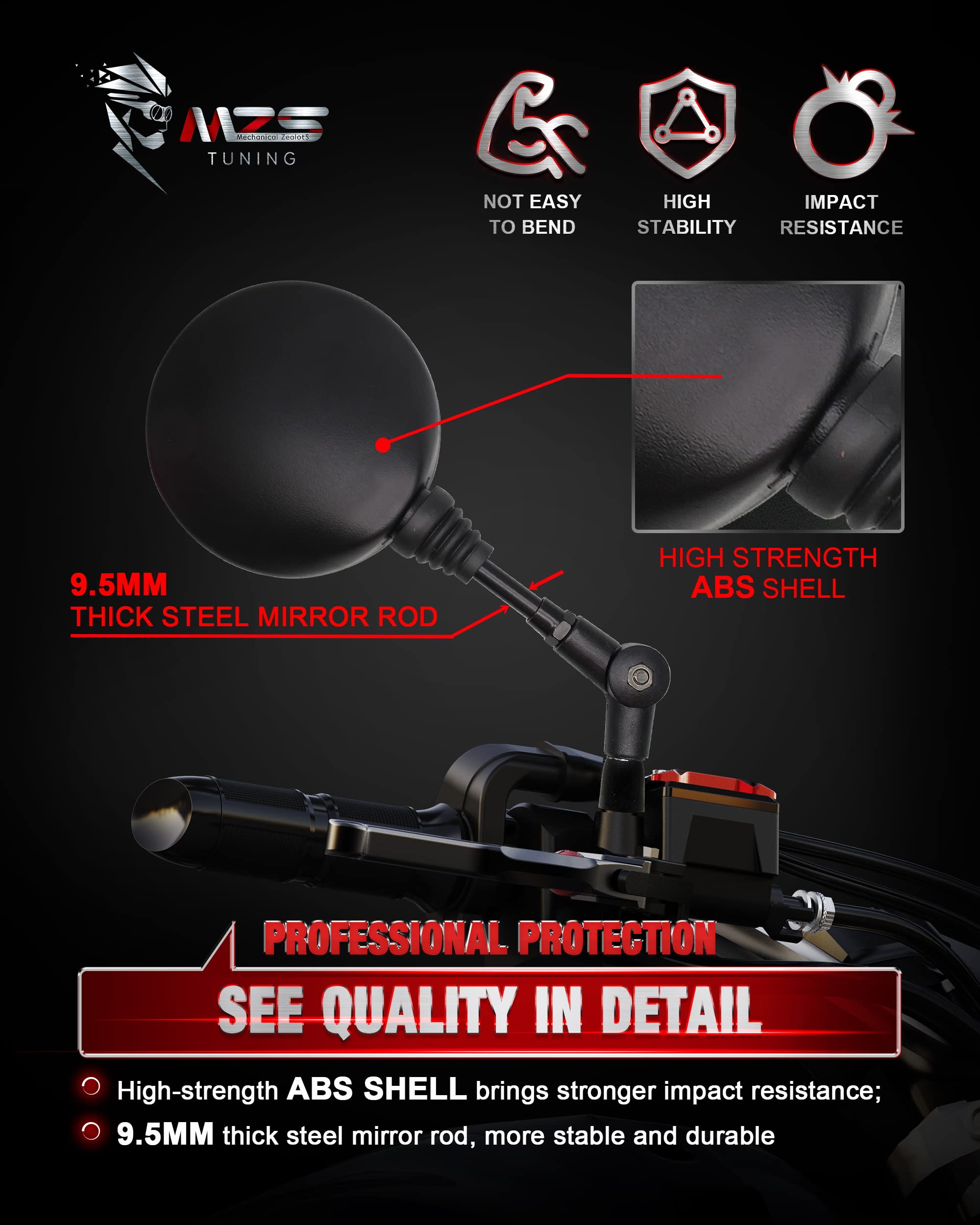 MZS motorcycle mirrors 360-degree adjustable ball joint for precise angles