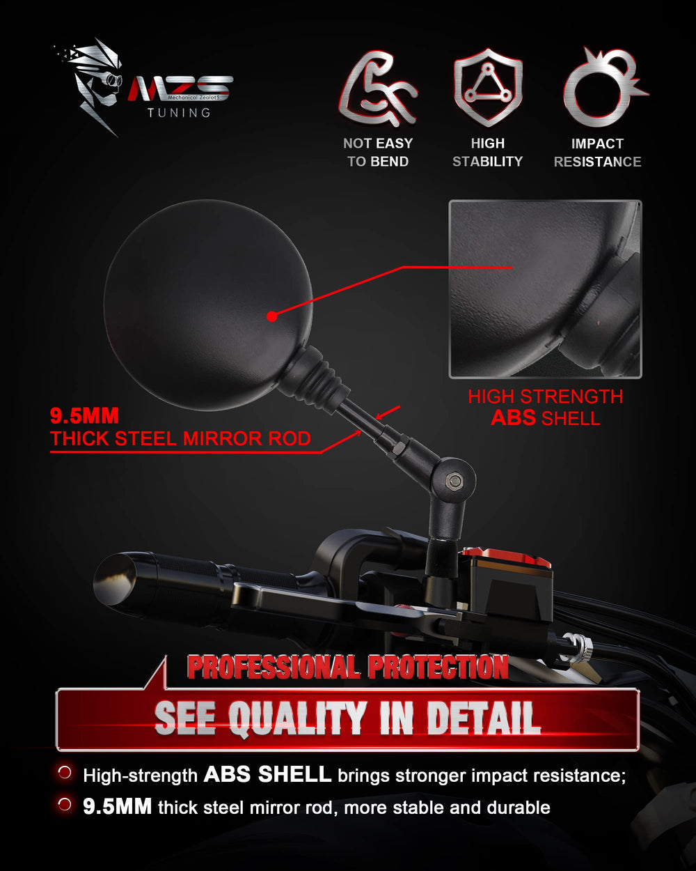 MZS motorcycle mirrors 360-degree adjustable ball joint for precise angles