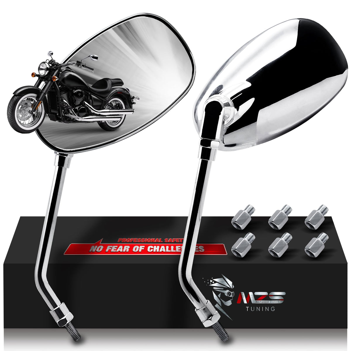 MZS motorcycle mirrors chrome with 360-degree adjustability for safer lane changes