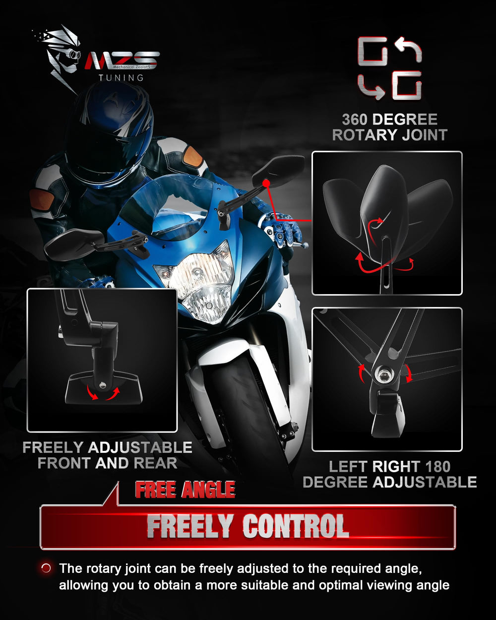 Base-adjustable front and rear on MZS mirrors for personalized riding posture