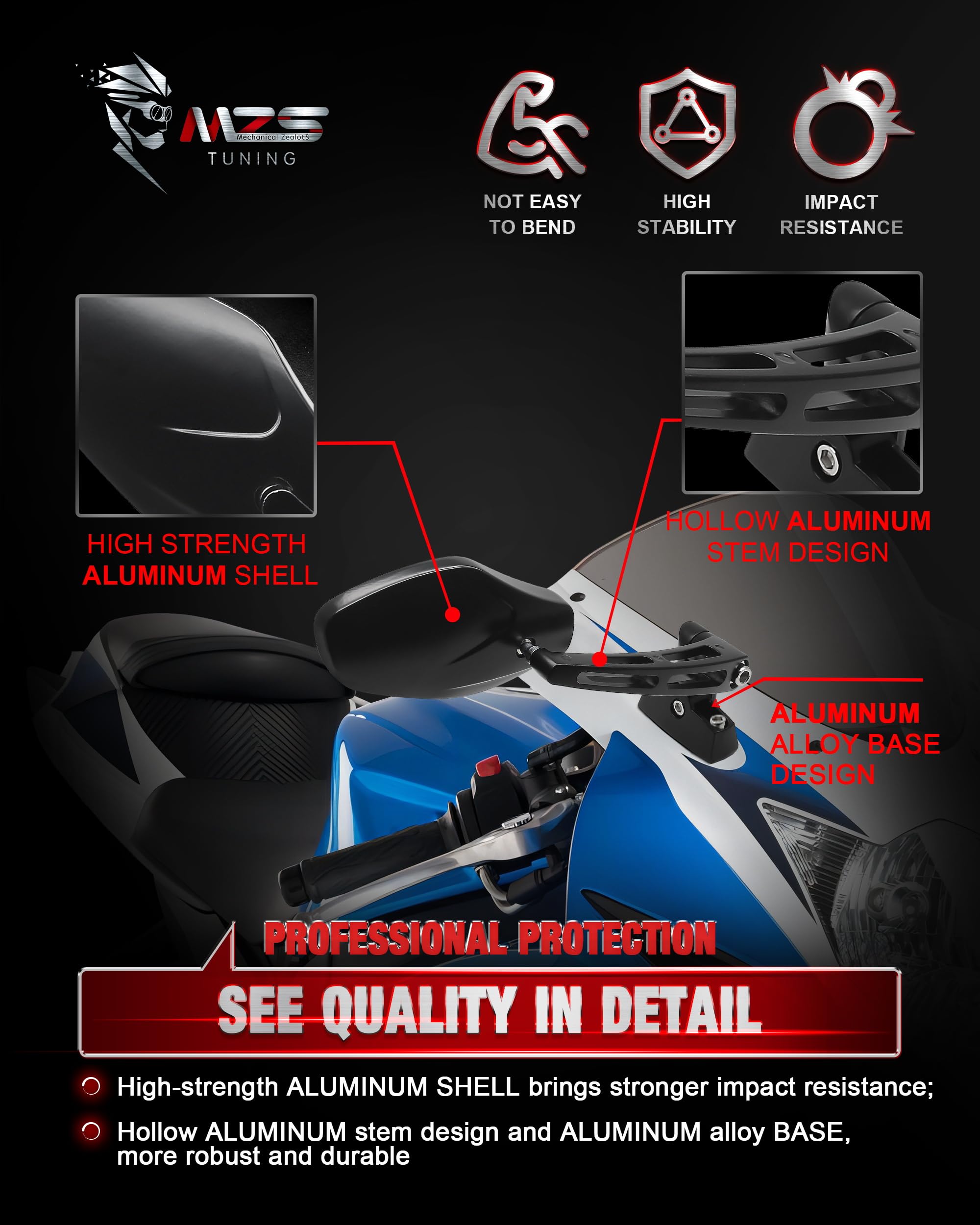 Blue anti-glare glass on MZS mirrors delivering high-definition, wide-angle visibility