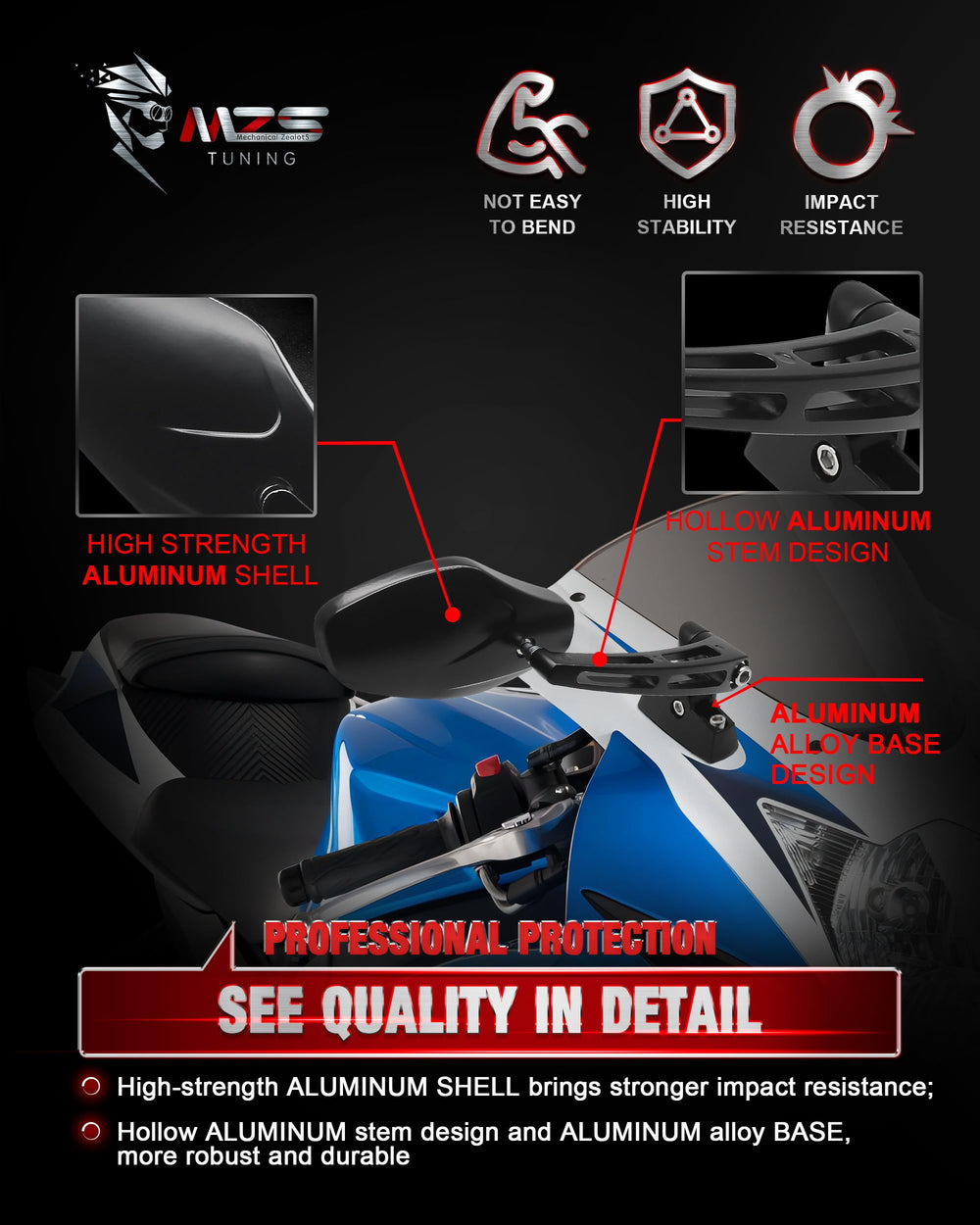 Blue anti-glare glass on MZS mirrors delivering high-definition, wide-angle visibility