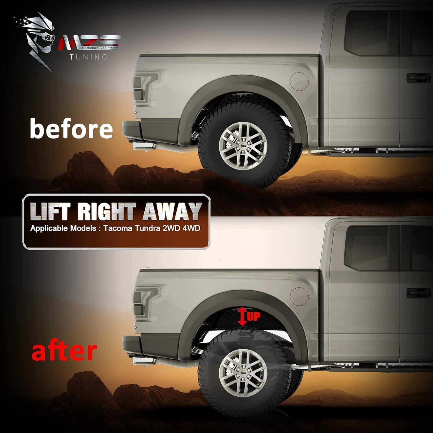 MZS application visualize improved rear stance after install on Tacoma