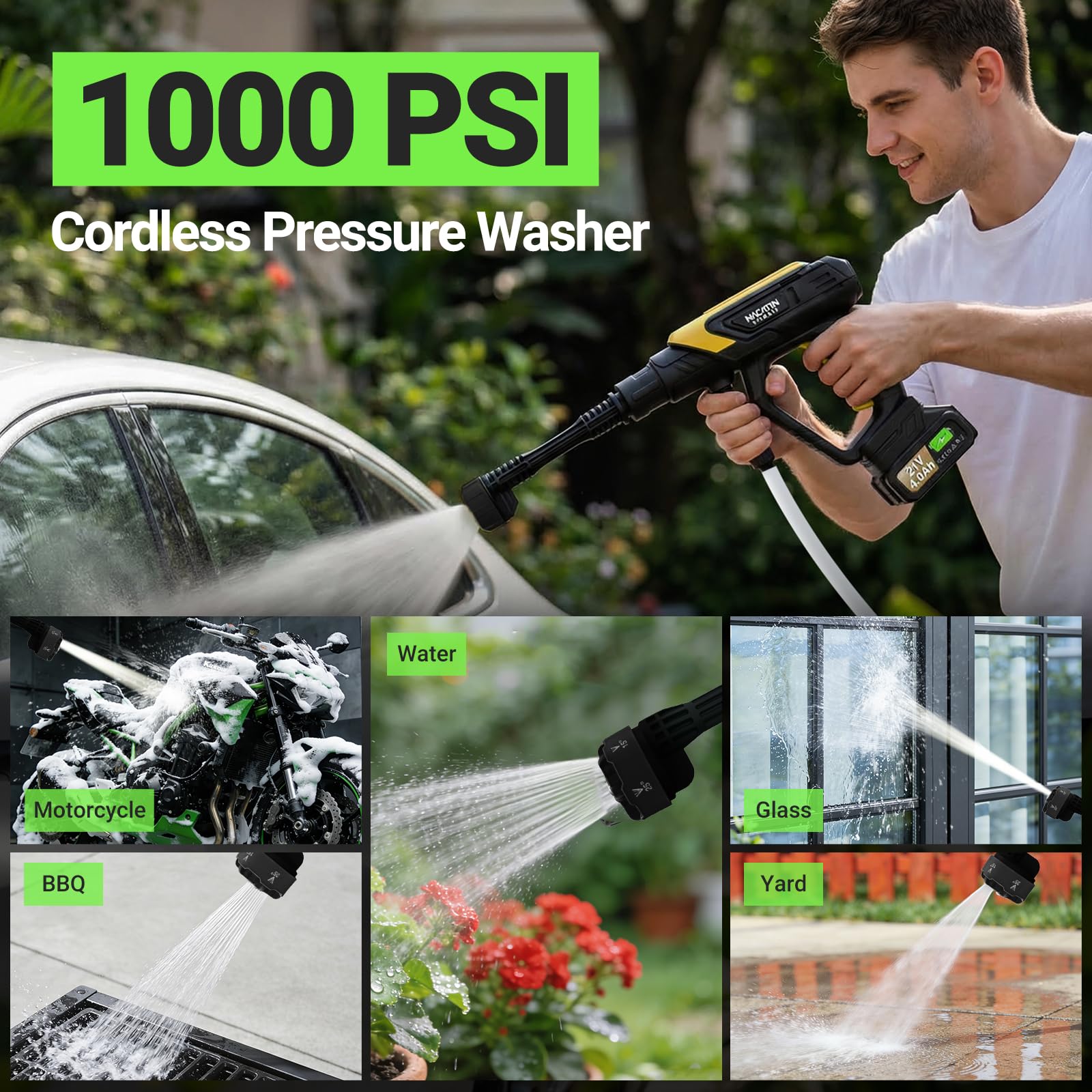 NACATIN 6-in-1 nozzle showing versatile spray options for tough driveways