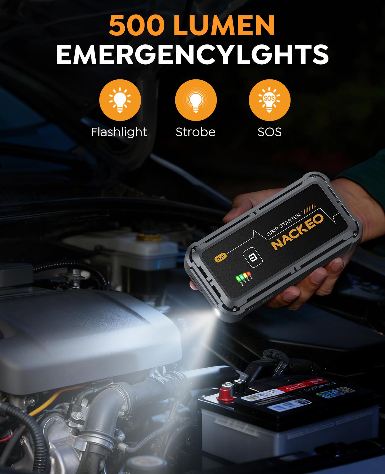 NACKEO jump starter with diesel capability for larger engine starts