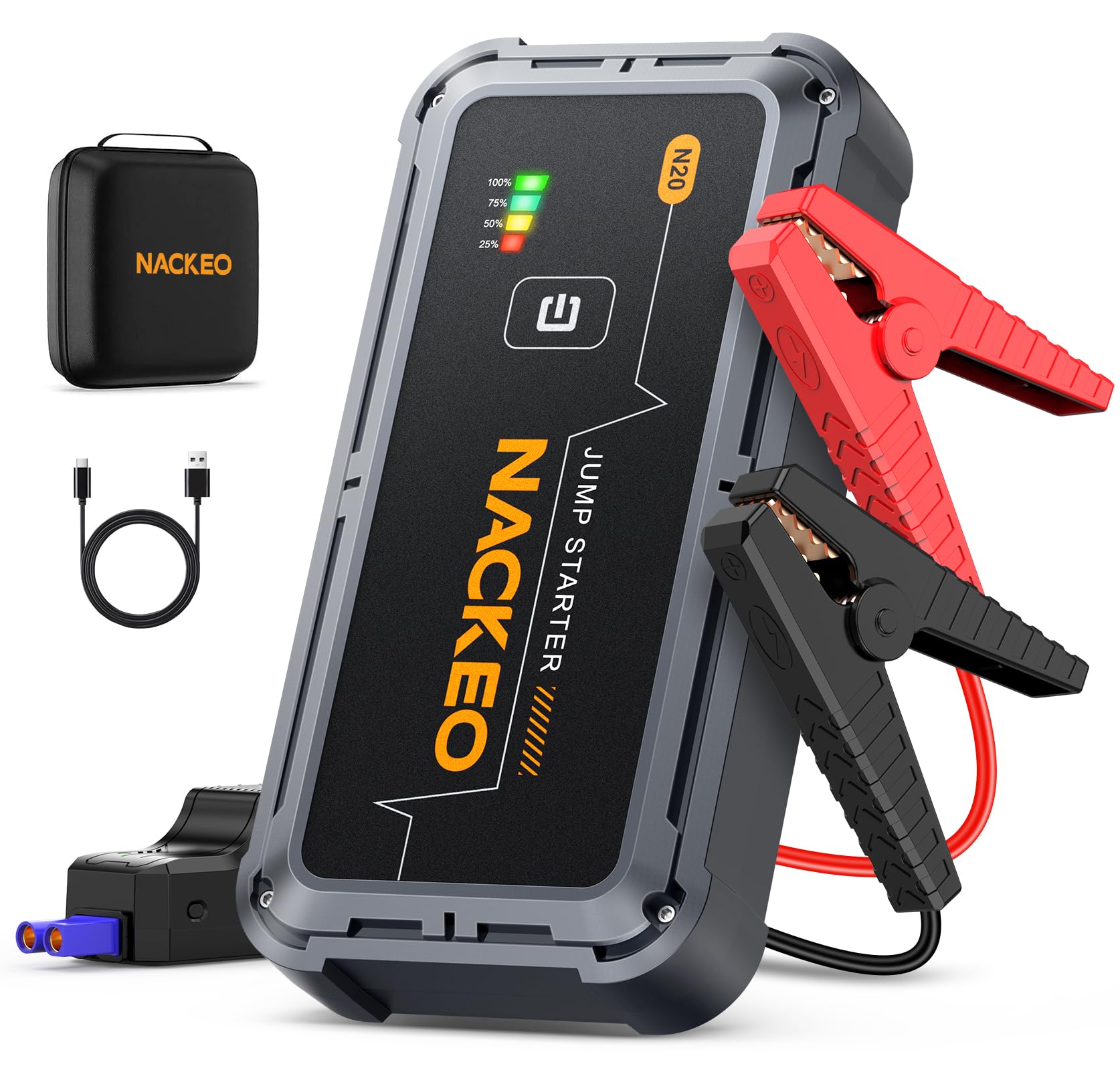 NACKEO jump starter front view showing compact design ready for roadside starts