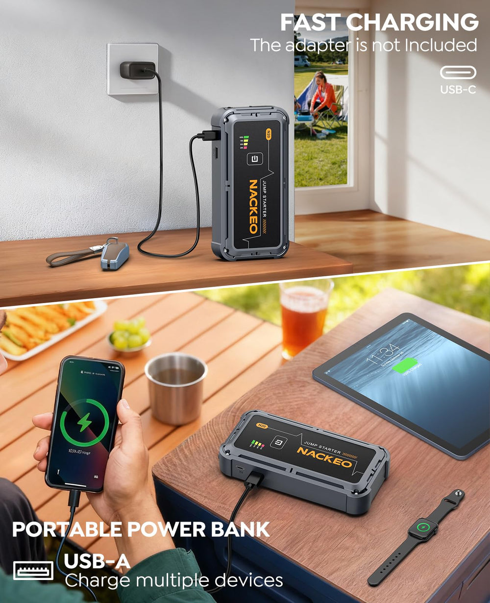 NACKEO jump starter LED flashlight in use for camping or roadside tasks