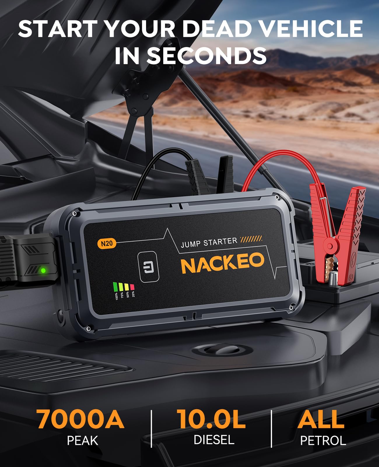 NACKEO jump starter side view highlighting portable power for emergencies