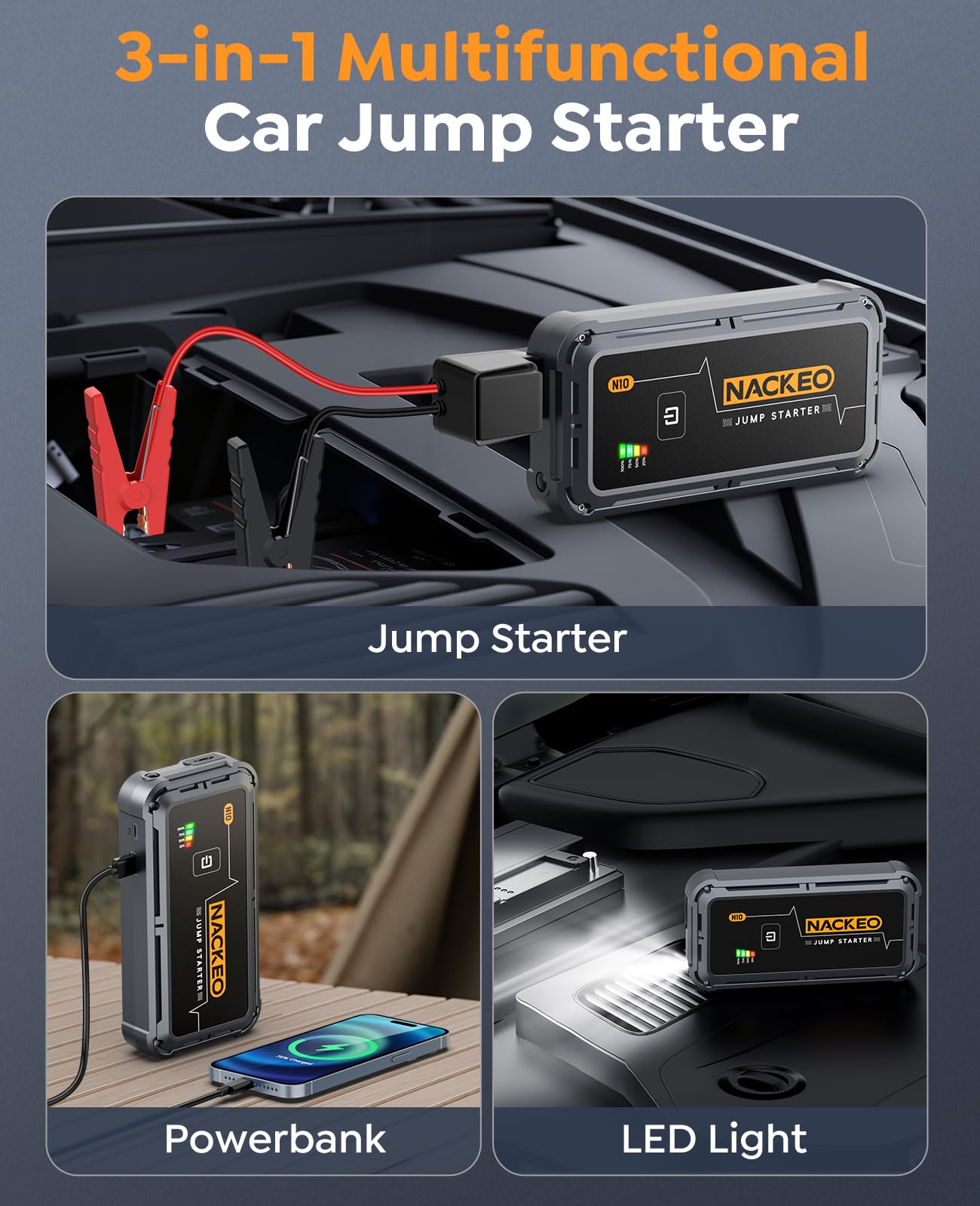 NACKEO jump starter USB ports enable fast device charging