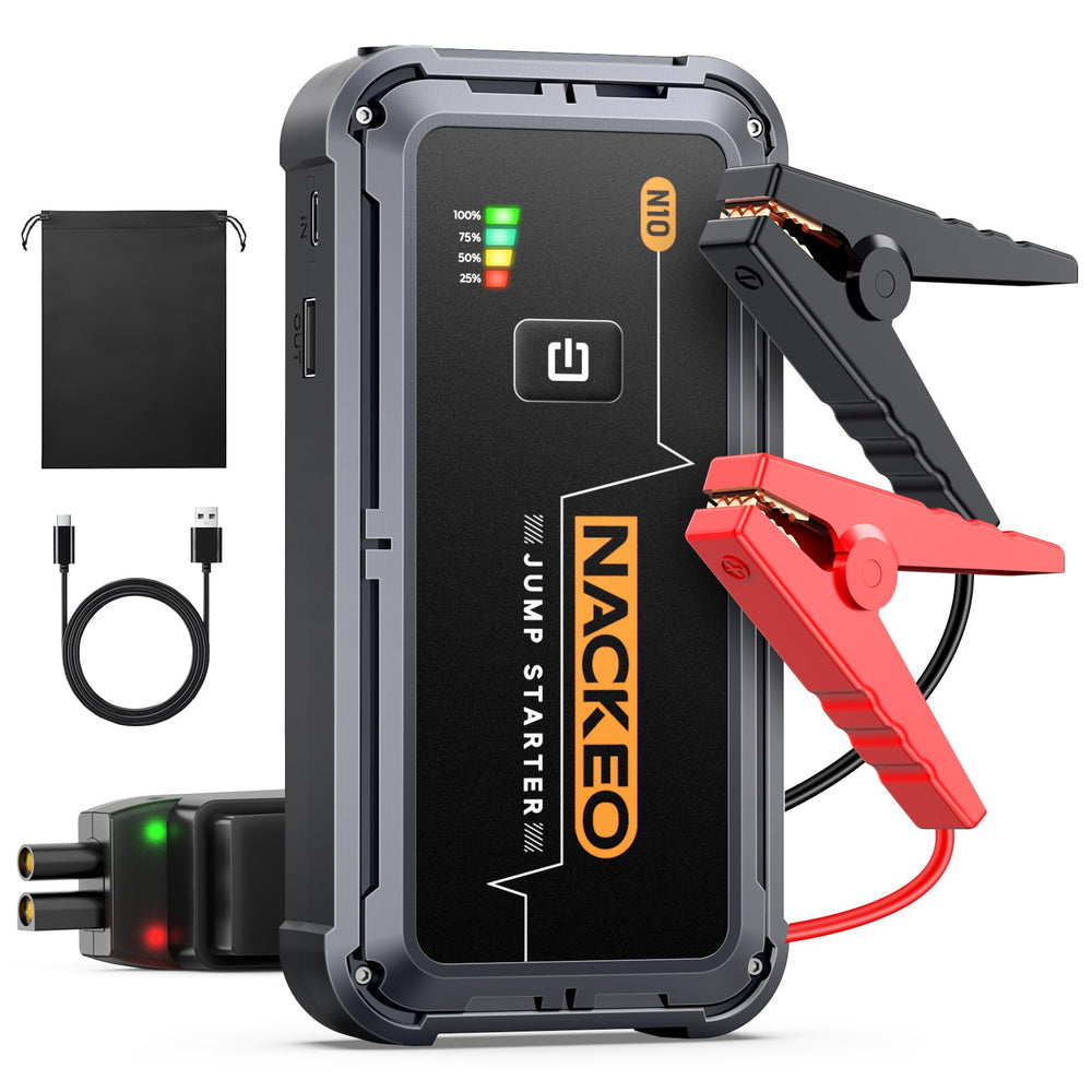 NACKEO jump starter front view showing compact emergency design