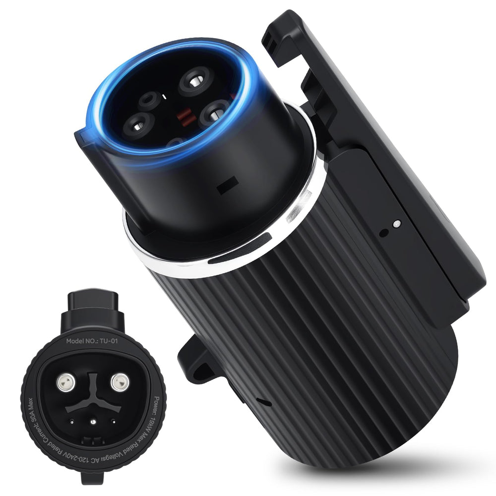 NACSTOCCS NACS to J1772 adapter with locking mechanism for secure charging.