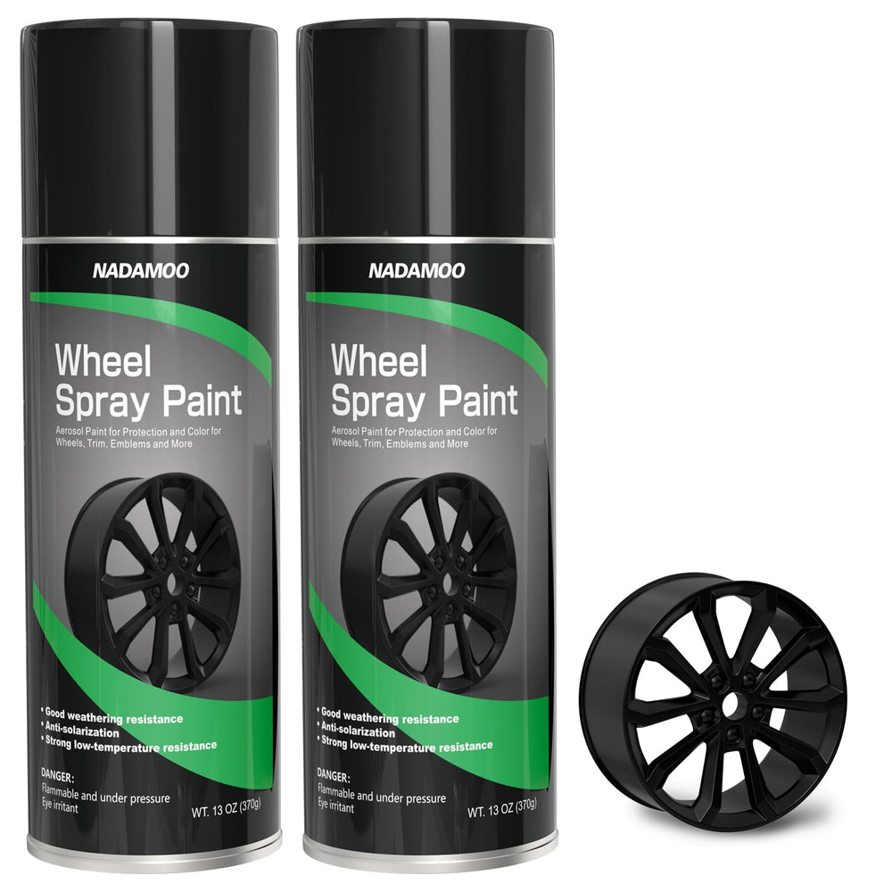 NADAMOO aluminum wheel spray paint can for a bold semi-gloss black finish.