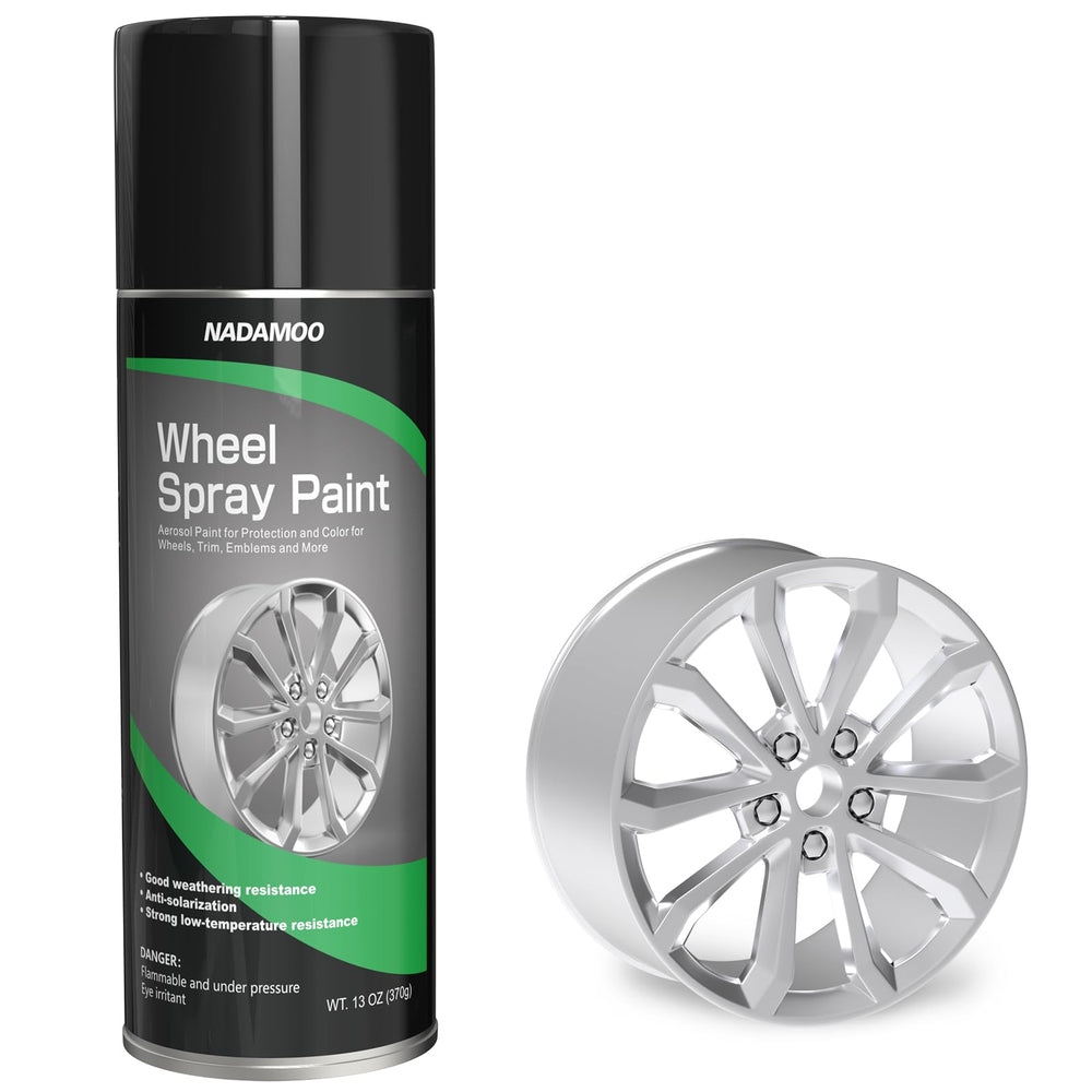 NADAMOO wheel spray paint can applying a semi-gloss finish to aluminum rim for refreshed look