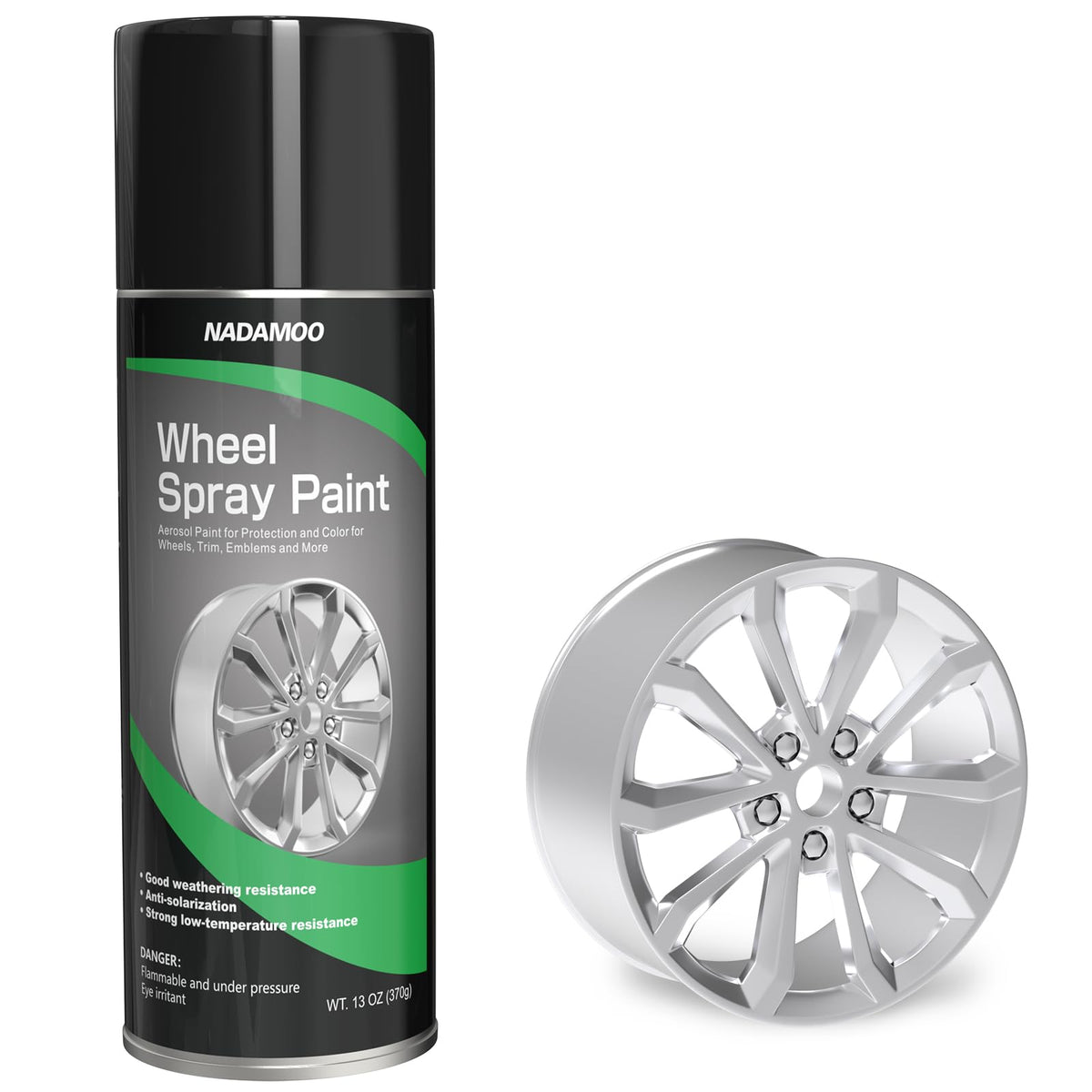 NADAMOO wheel spray paint can applying a semi-gloss finish to aluminum rim for refreshed look