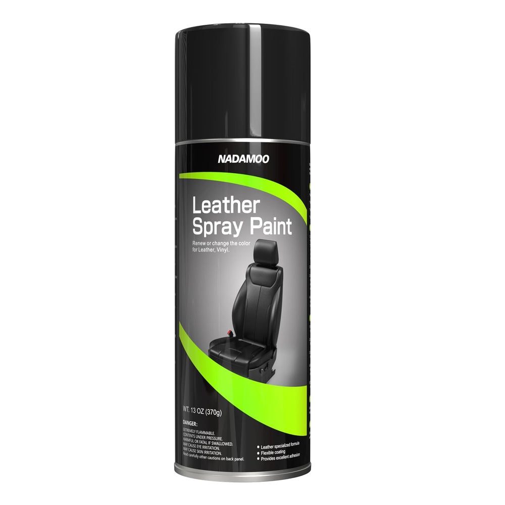 NADAMOO Leather Spray Paint shows a black semi-gloss finish for furniture and car interiors.