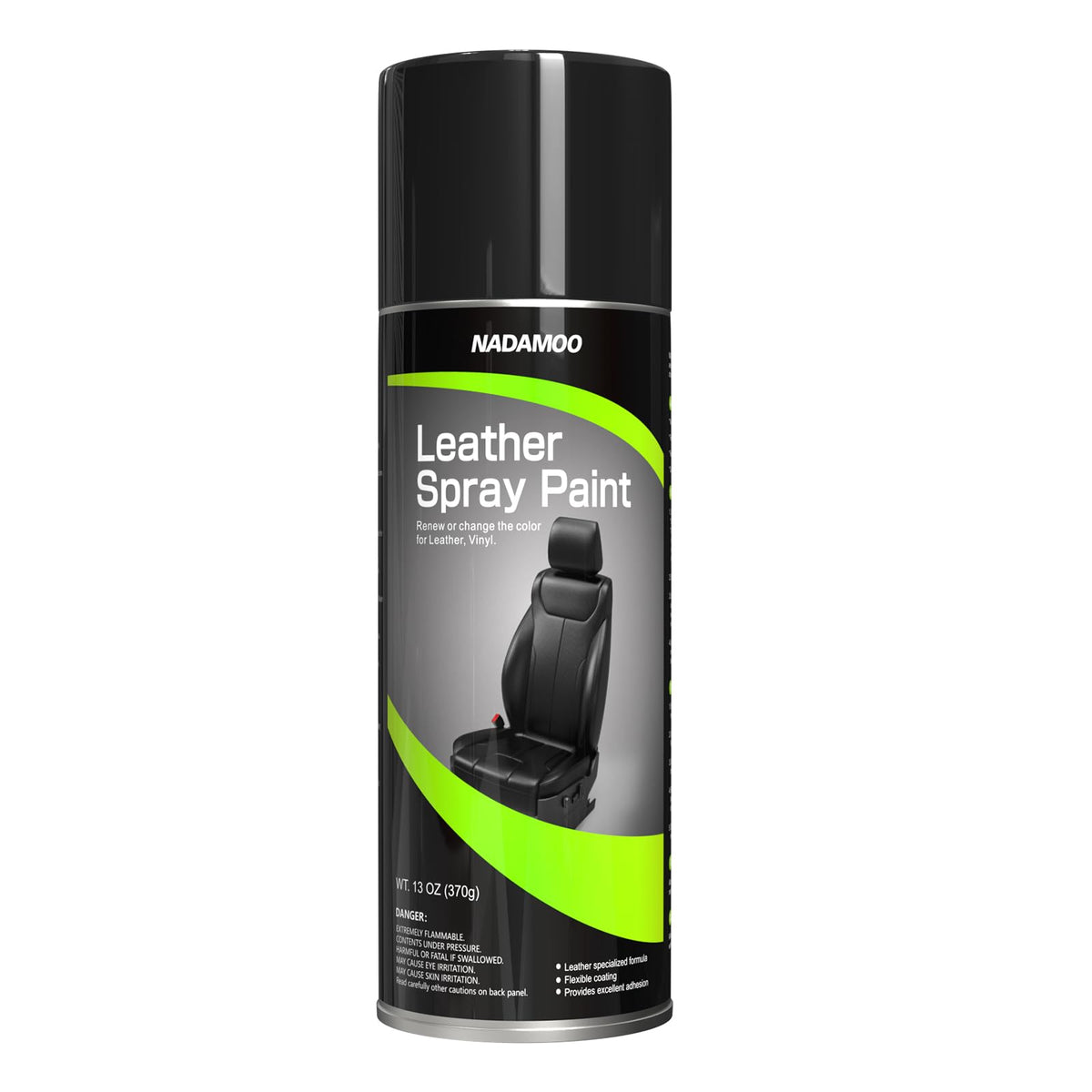 NADAMOO Leather Spray Paint shows a black semi-gloss finish for furniture and car interiors.