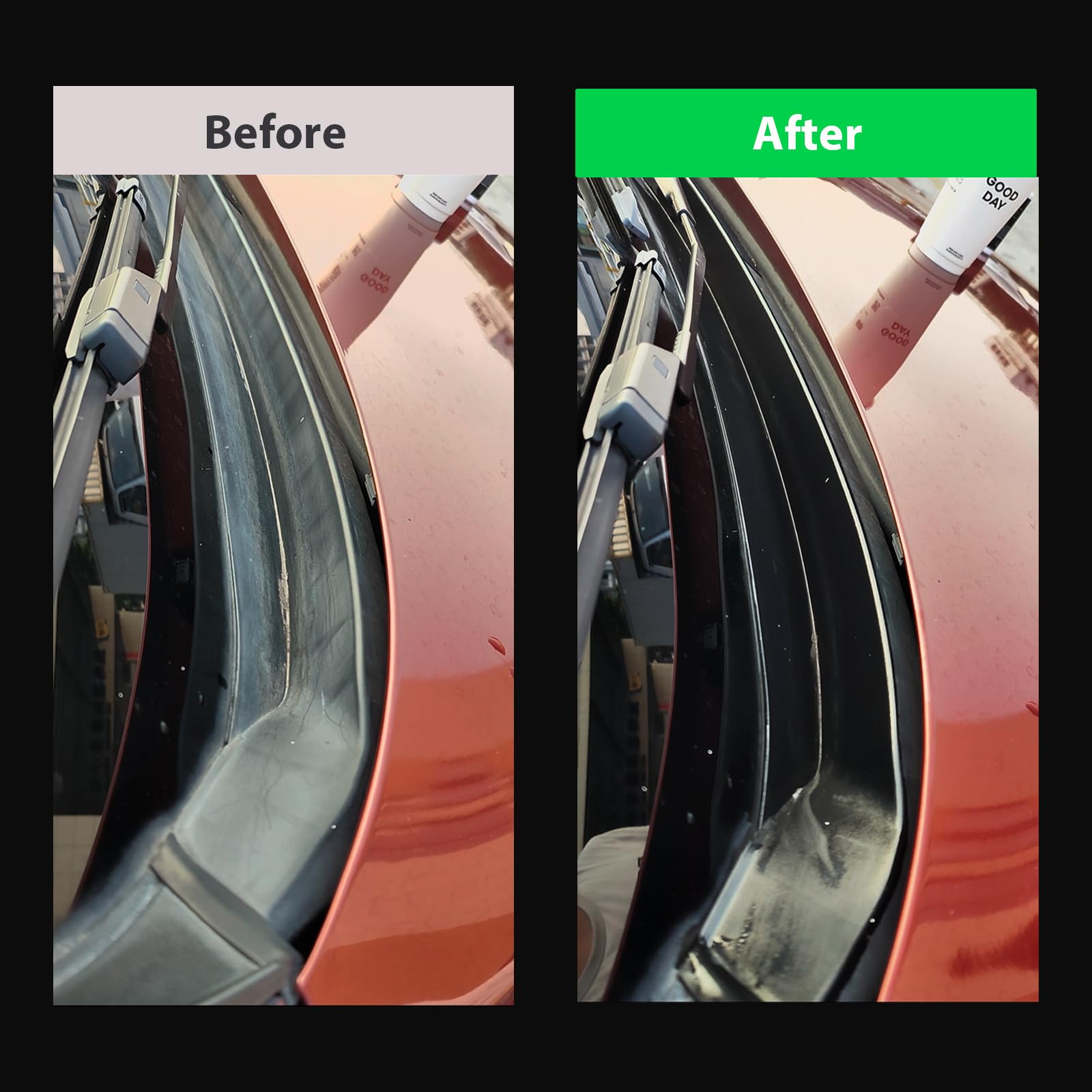 NADAMOO Plastic Restorer closeup-coating shows hydrophobic water beading.