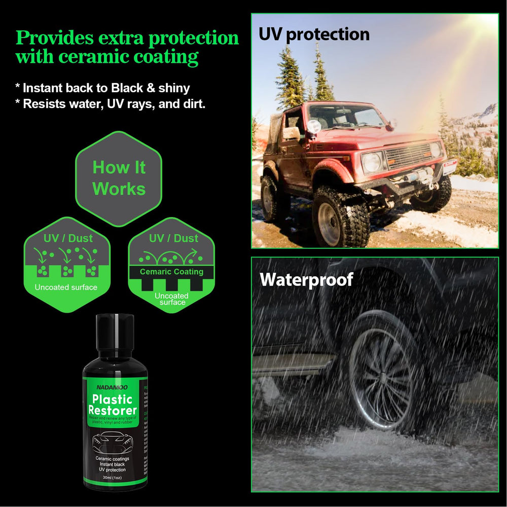 NADAMOO Plastic Restorer UV-resistance demonstration on exterior plastic.