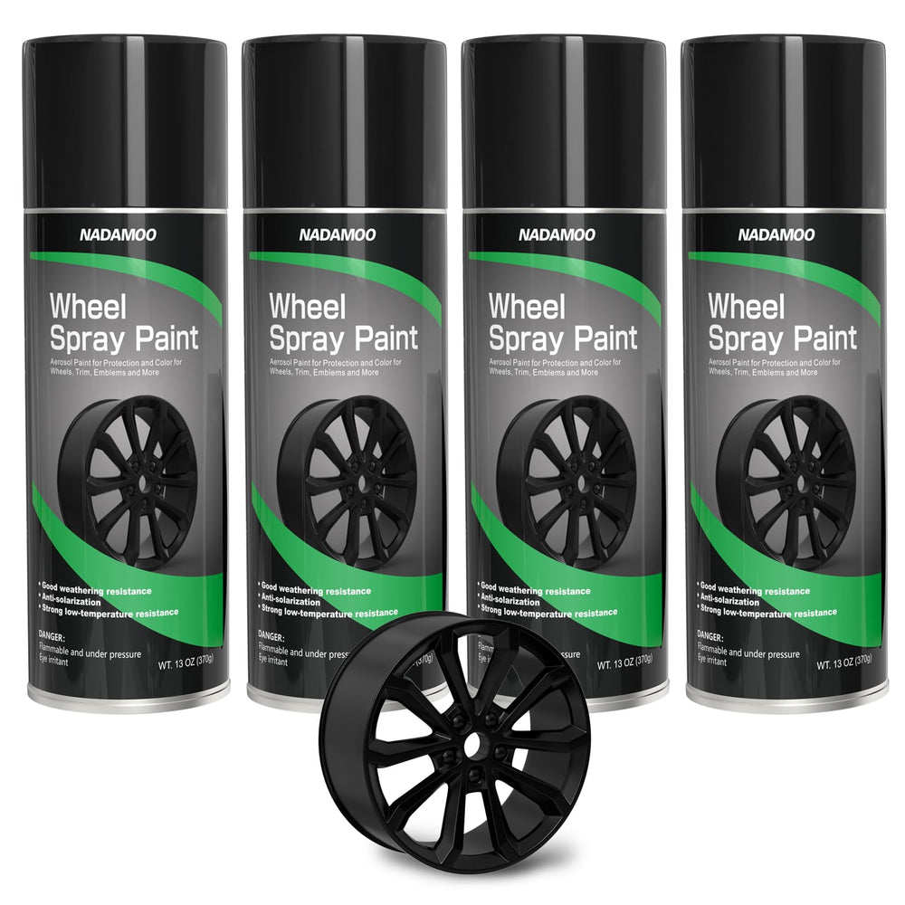 NADAMOO wheel rim spray paint applies a semi-gloss black finish for durable aluminum rim protection.