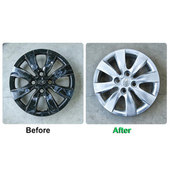 NADAMOO wheel rim spray paint application on a wheel showing easy, even coverage for color refresh.