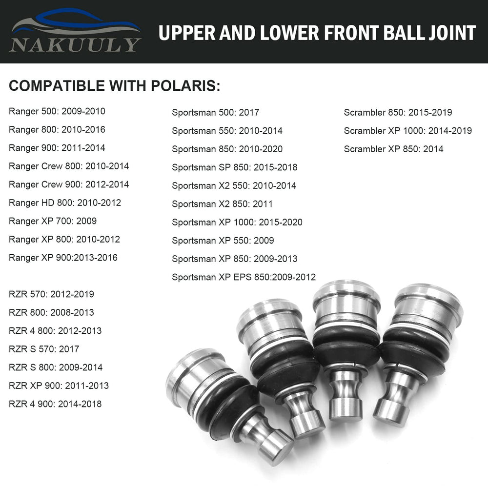 Nakuuly upper front ball joint improves steering precision on Polaris models.
