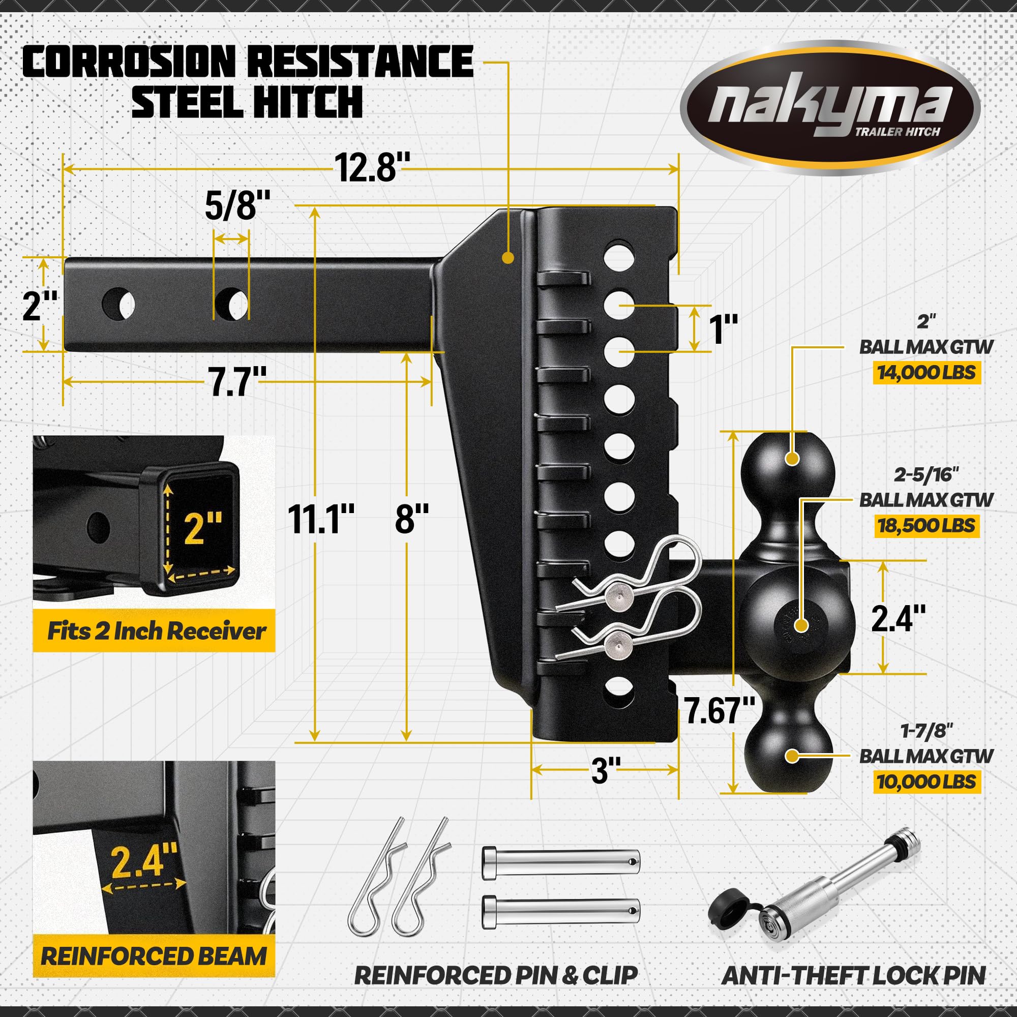 Nakyma 8-inch drop hitch offers fine height adjustment for towing