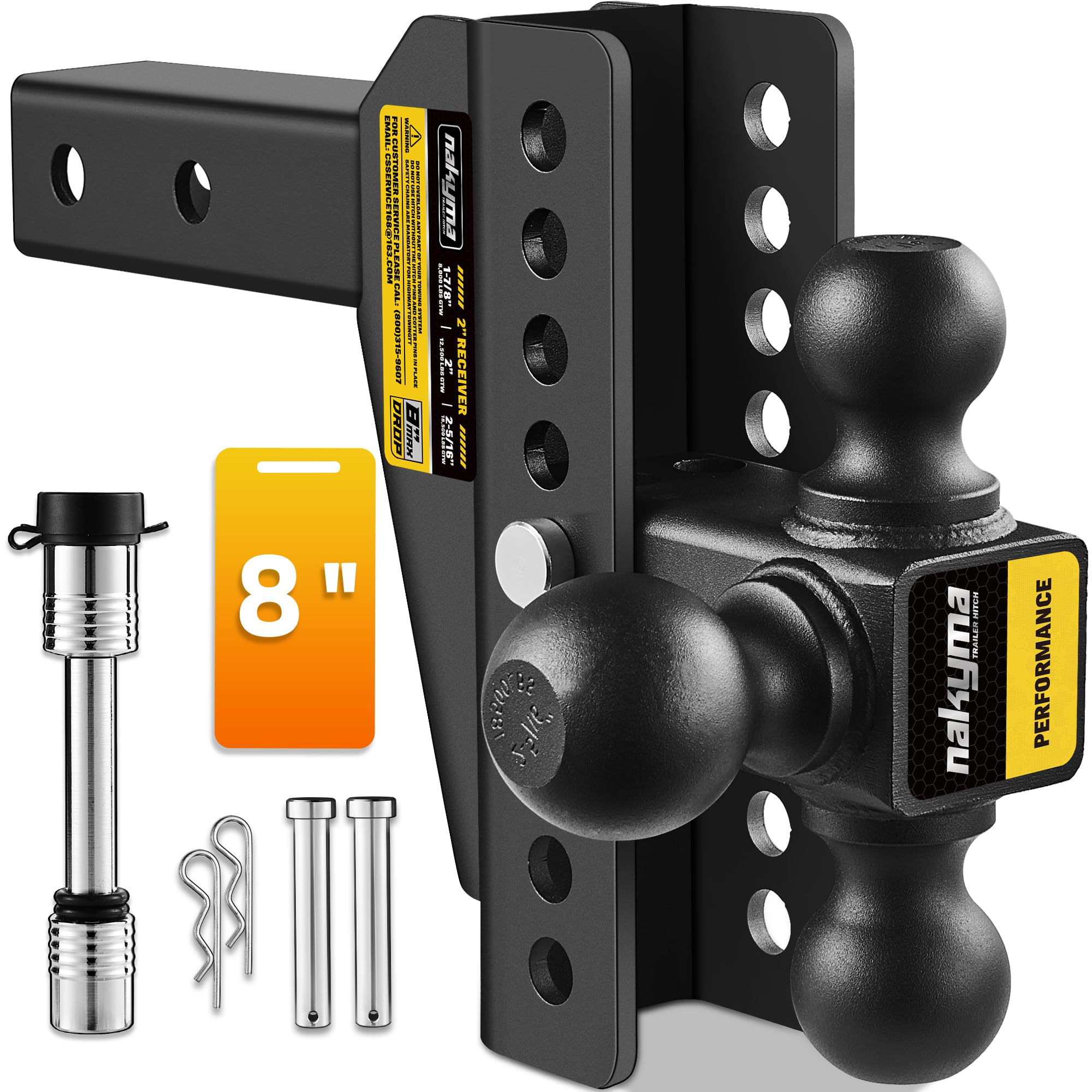 Nakyma adjustable drop hitch assembly with three built-in balls for secure towing.