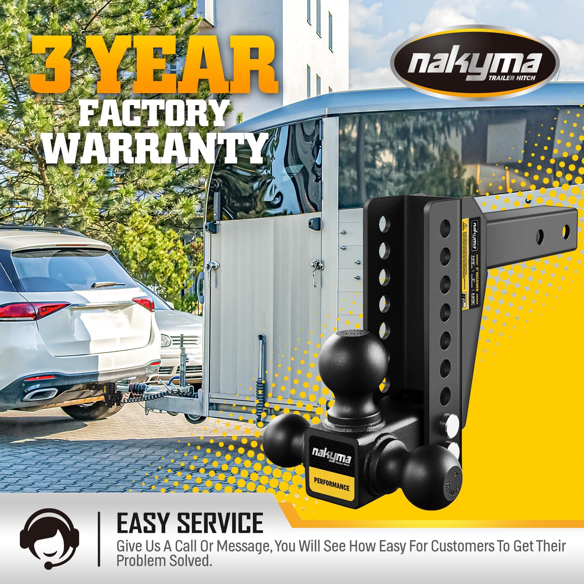 Nakyma versatile trailer hitch for boats, RVs, and campers.