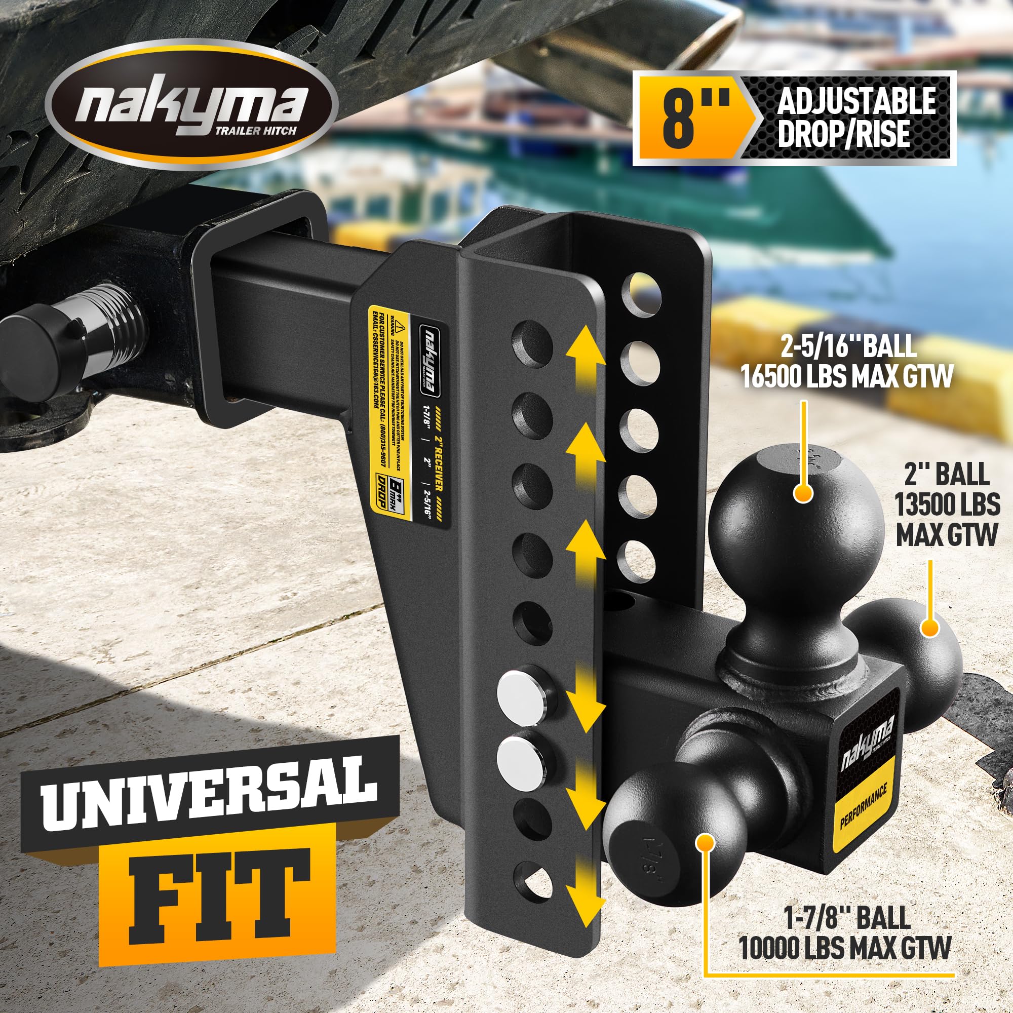 Nakyma tri-ball one-piece design, secure connections across trailer sizes.