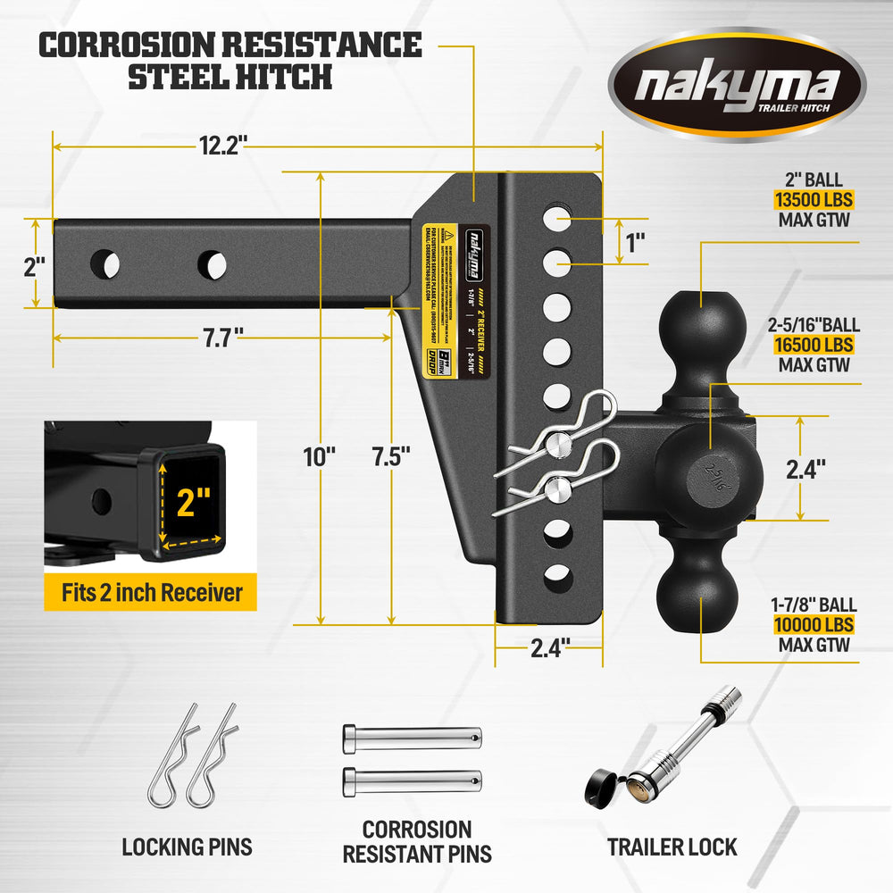 Nakyma two-inch receiver fit compatible with common trucks and trailers.