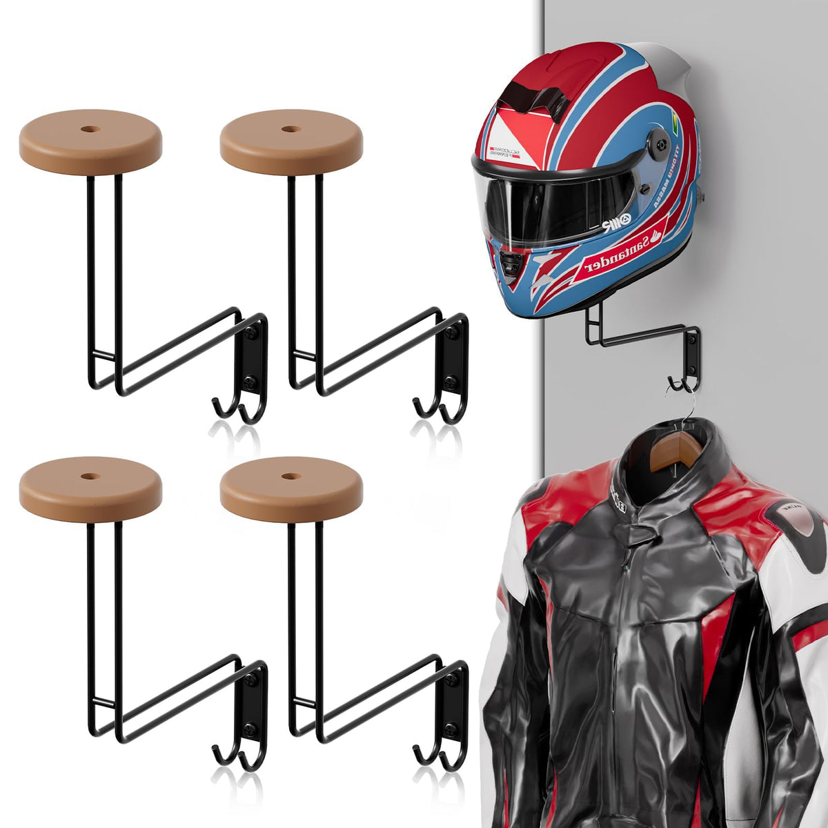 NANAGIFTREE helmet holder wall mount four-pack keeps helmets neatly organized.