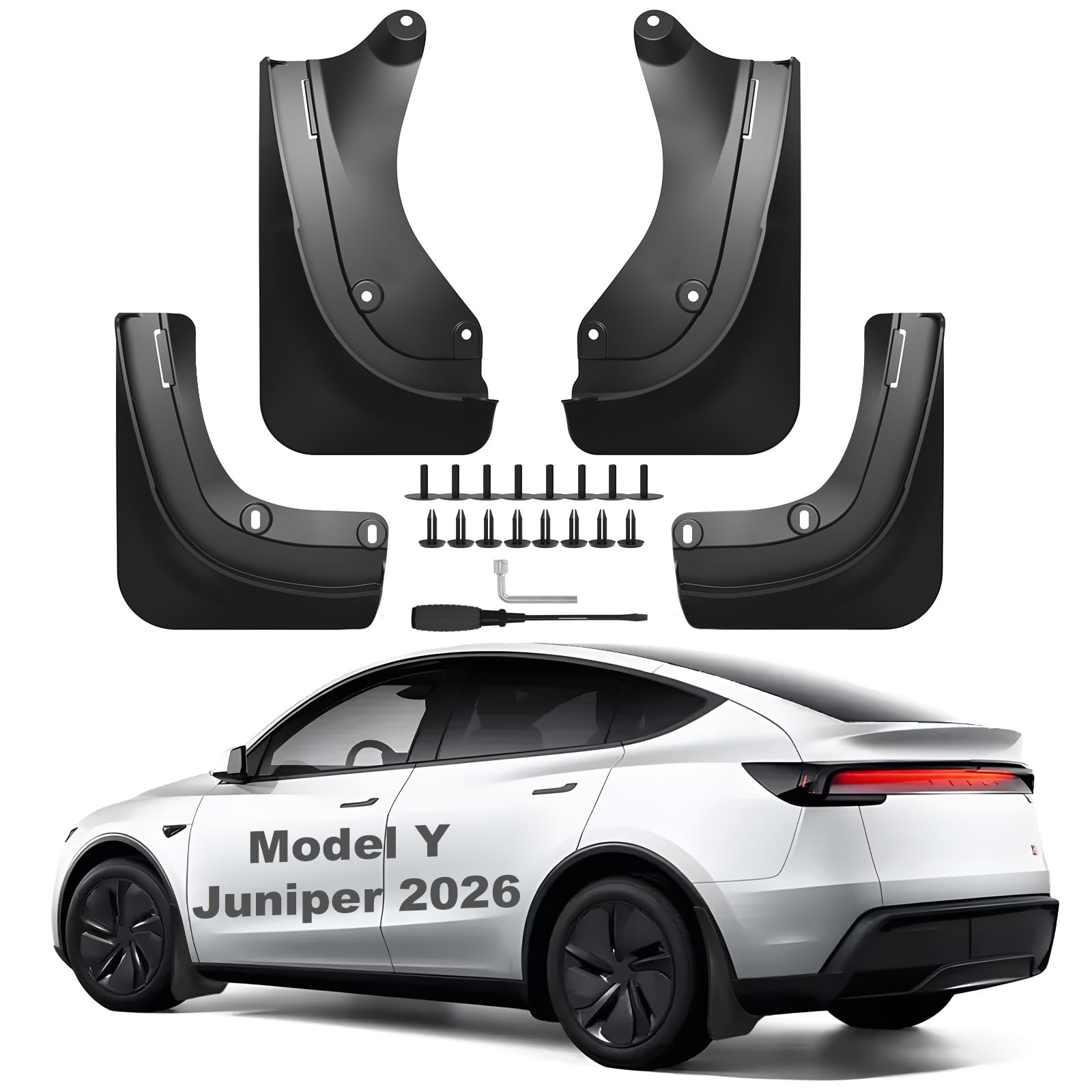 Nanaholy 2026 Tesla Model Y Juniper front-left mud flap guards paint from road spray.