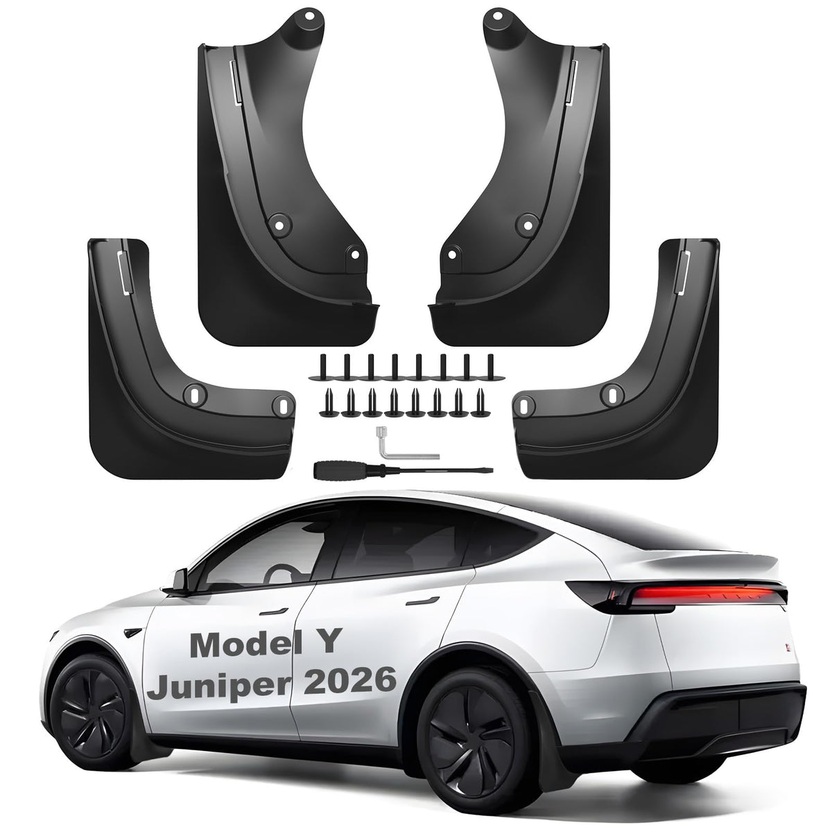 Nanaholy 2026 Tesla Model Y Juniper front-left mud flap guards paint from road spray.