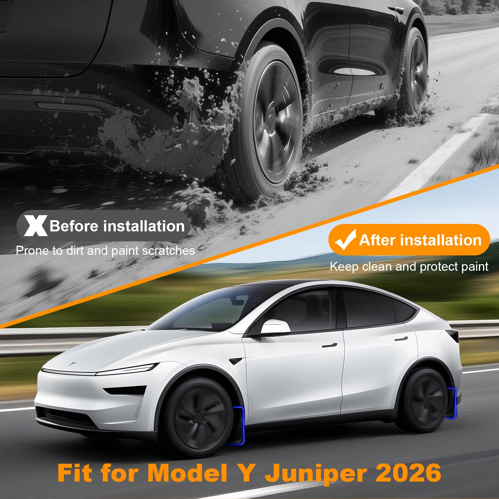 Nanaholy 2026 Tesla Model Y Juniper front-right mud flap shields wheels from debris.