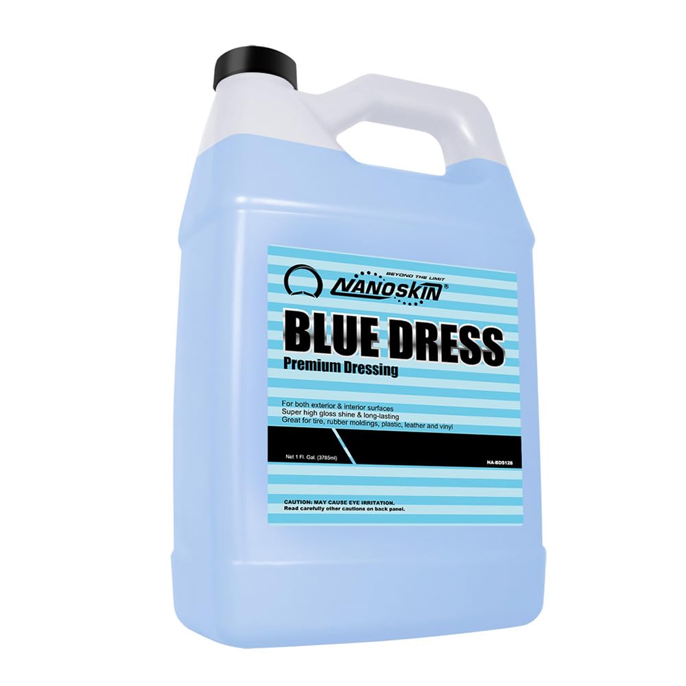 Nanoskin BLUE DRESS bottle applying a glossy finish to tires for exterior shine