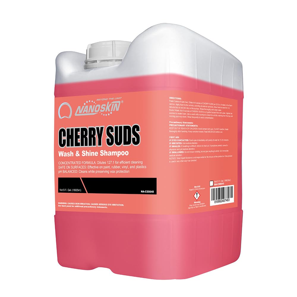 Nanoskin Cherry Suds foaming cannon delivers thick foam for easy car washing.