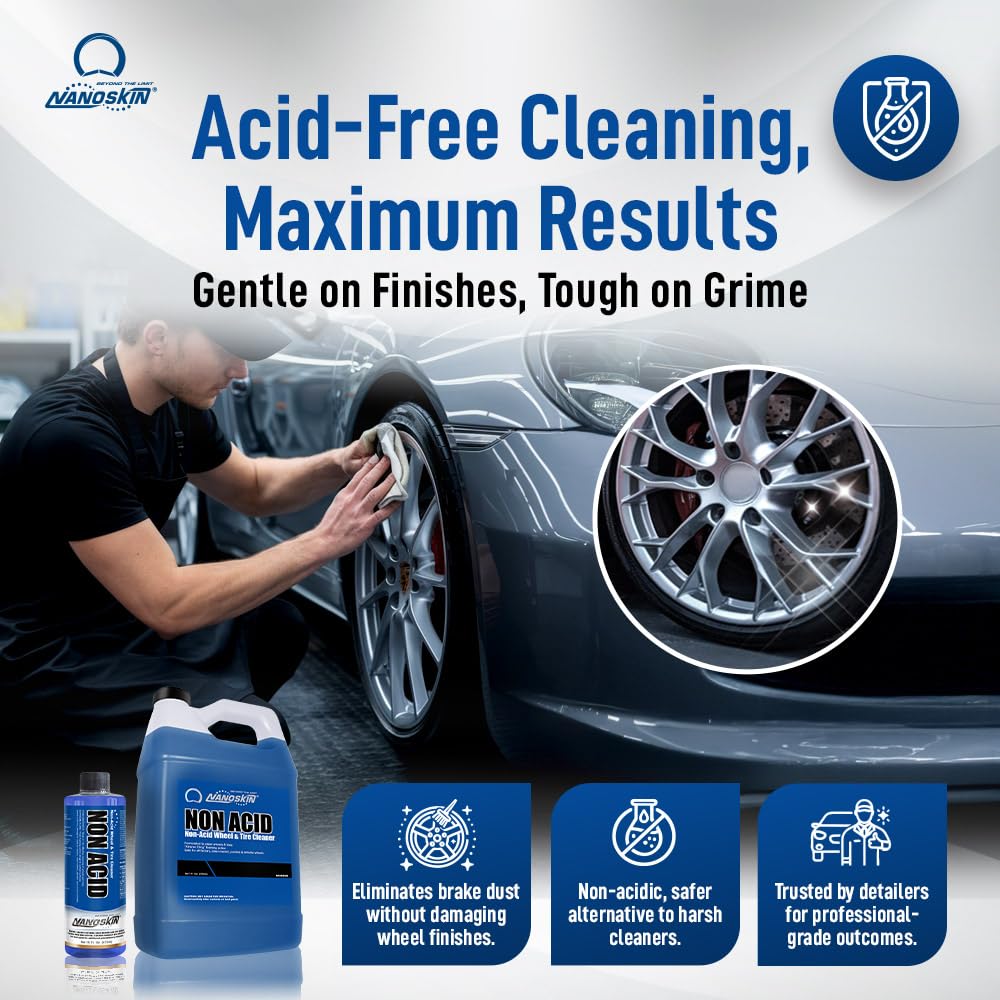 Nanoskin Non-Acid Wheel Cleaner Extreme Cling foam on a vertical wheel.