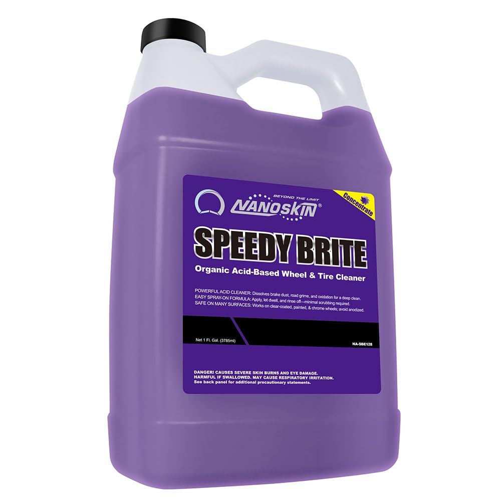 Nanoskin Speedy Brite bottle pour shows dilution for fast wheel cleaning