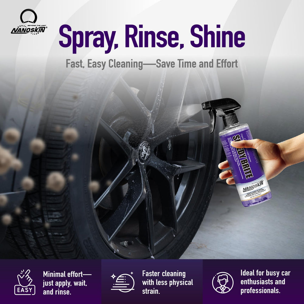 Nanoskin SPEEDY BRITE near chrome wheel demonstrates brake dust removal.