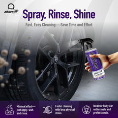Nanoskin SPEEDY BRITE near chrome wheel demonstrates brake dust removal.
