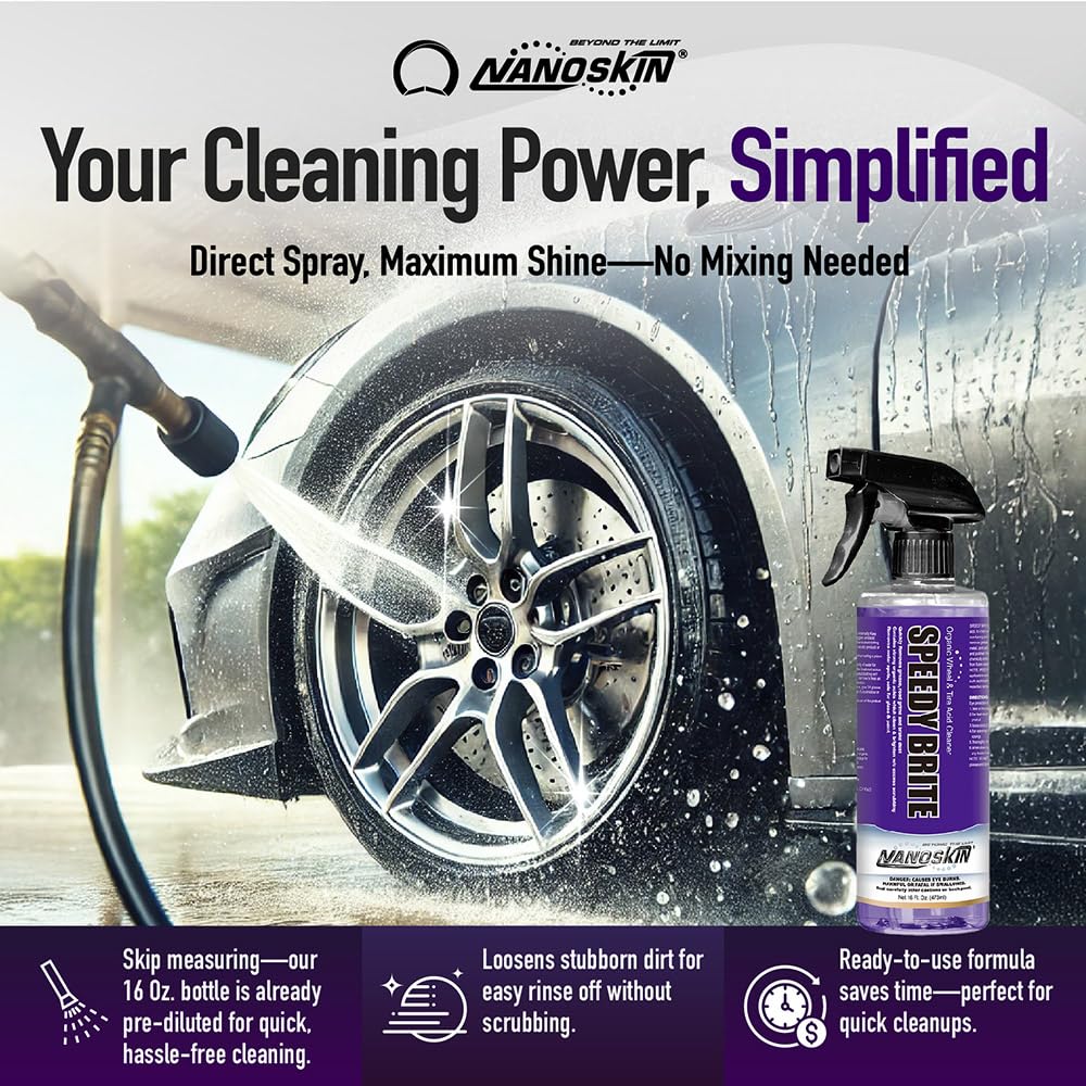 Nanoskin SPEEDY BRITE close-up foam spray highlights mineral deposit removal.