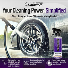 Nanoskin SPEEDY BRITE close-up foam spray highlights mineral deposit removal.