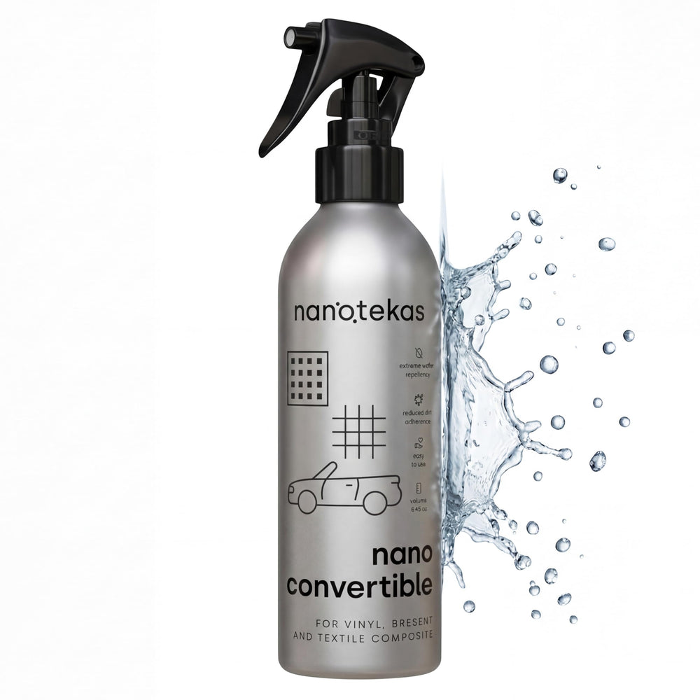 Nanotekas bottle pour enables controlled, mess-free coating application on Cabrio tops.