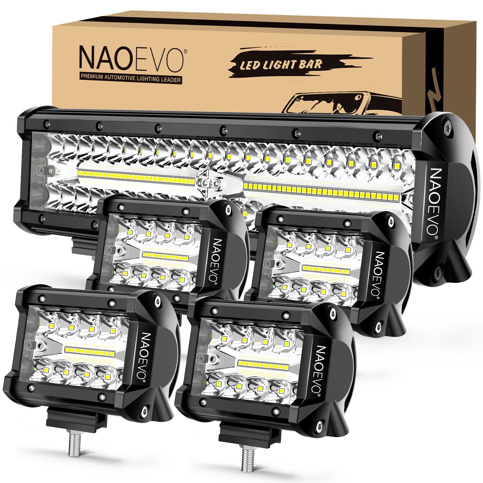 NAOEVO 12-inch LED bar front view illustrates bright, multi-beam coverage for night driving