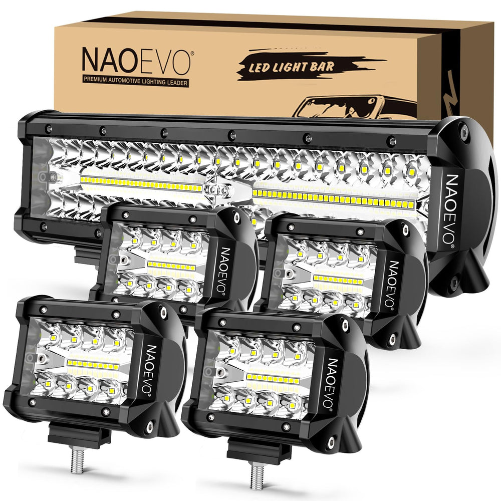 NAOEVO 12-inch LED bar front view illustrates bright, multi-beam coverage for night driving